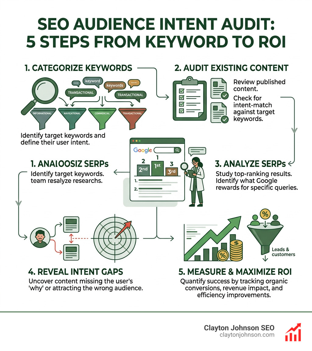 Infographic showing 5 steps of an SEO audience intent audit from keyword categorization to ROI measurement - SEO audience
