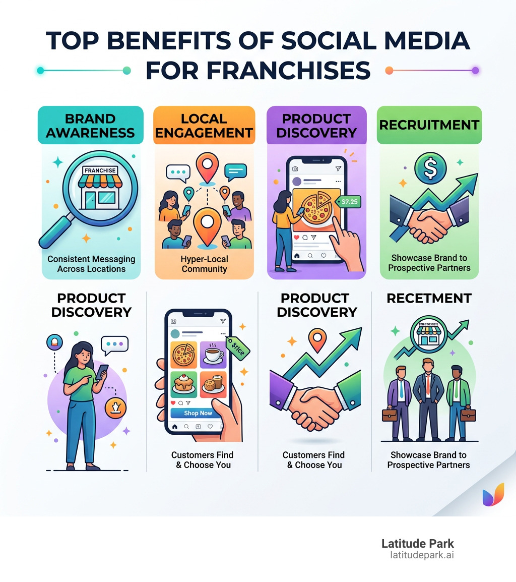 Infographic showing top benefits of social media for franchises including brand awareness, local engagement, product