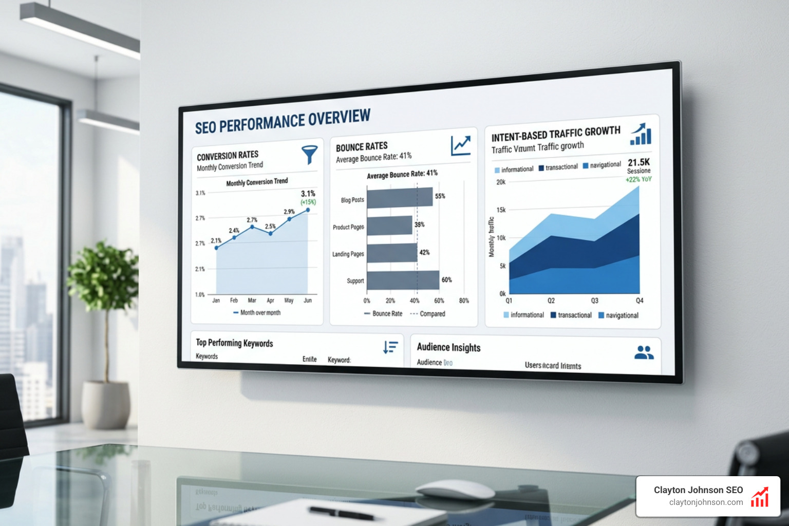 SEO performance dashboard showing conversion rates, bounce rates, and intent-based traffic growth - SEO audience intent audit