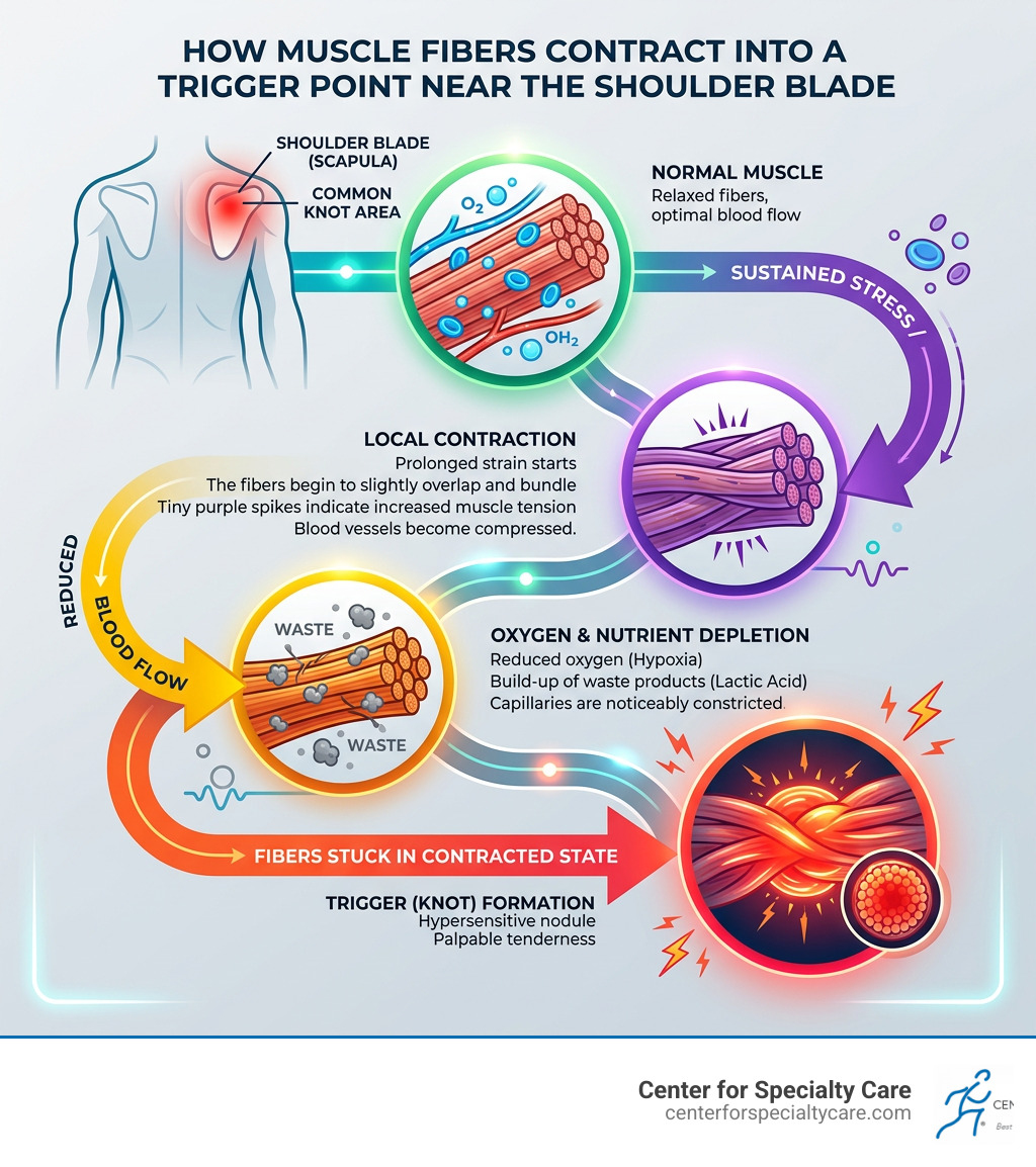 Infographic showing how muscle fibers contract into trigger points near the shoulder blade - knot near shoulder blade