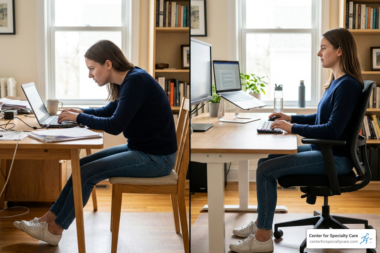 Person sitting at a desk showing poor vs. good ergonomics - knot near shoulder blade