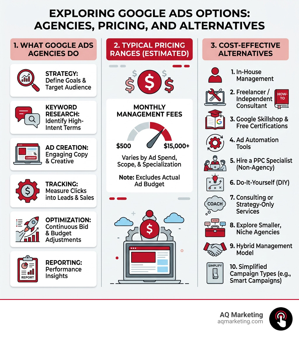 Infographic showing Google Ads agency services, typical pricing ranges, and cost-effective alternatives - google advertising Infographic showing Google Ads agency services, typical pricing ranges, and cost-effective alternatives - google advertising