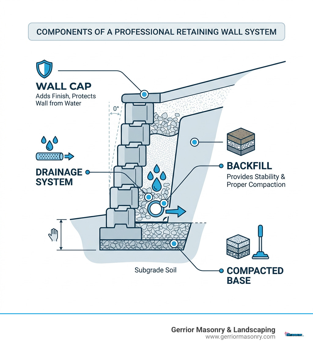 Components of a professional retaining wall system including base, drainage, backfill, and wall cap - Retaining walls Woburn