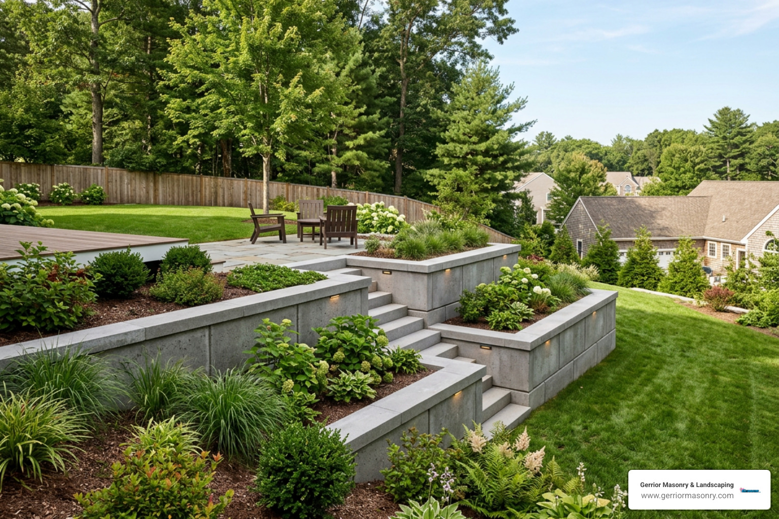 A modern concrete block retaining wall design featuring clean lines and integrated lighting - Retaining walls Woburn MA