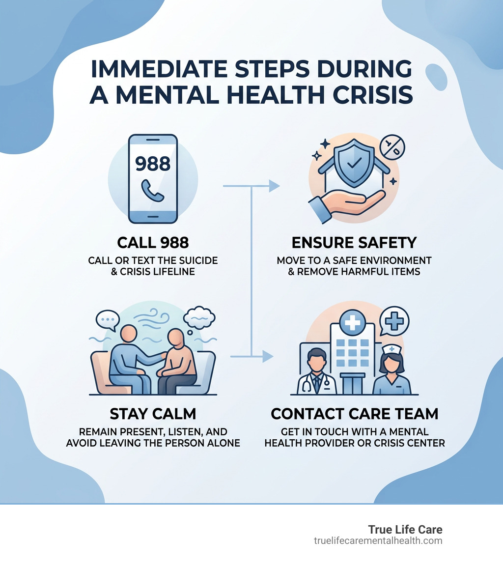 Immediate steps to take during a mental health crisis: call 988, ensure safety, stay calm, contact care team - Mental health