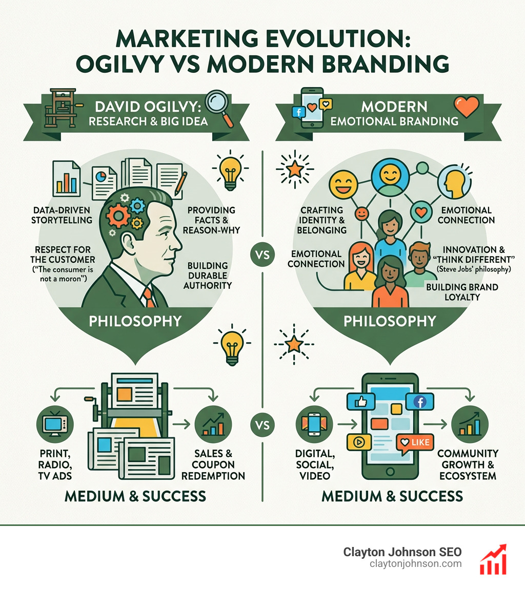 Comparison of David Ogilvy's research-based approach vs modern emotional branding infographic - best marketers of all time Comparison of David Ogilvy's research-based approach vs modern emotional branding infographic - best marketers of all time