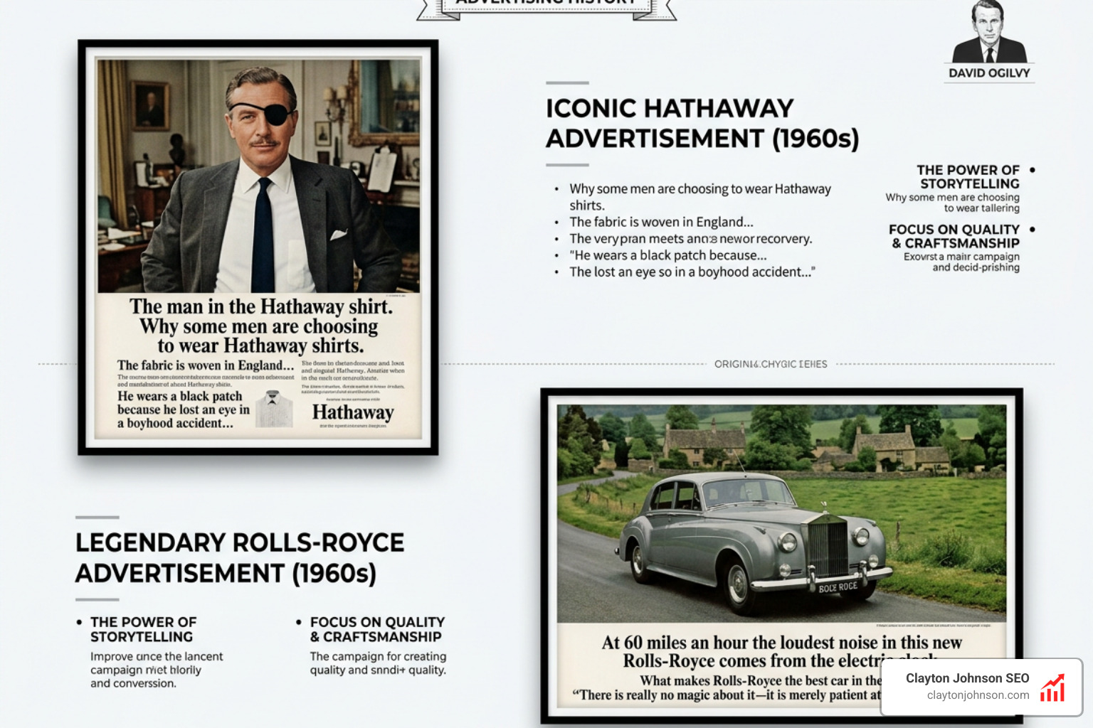 David Ogilvy iconic ads featuring Hathaway shirts and Rolls-Royce - best marketers of all time David Ogilvy iconic ads featuring Hathaway shirts and Rolls-Royce - best marketers of all time