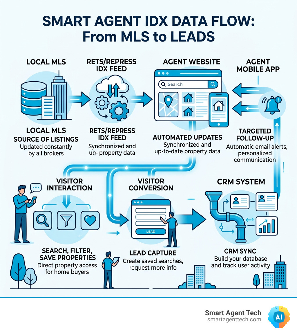 IDX data flow from MLS to agent website showing listing updates, lead capture, and CRM sync - agent websites with idx IDX data flow from MLS to agent website showing listing updates, lead capture, and CRM sync - agent websites with idx