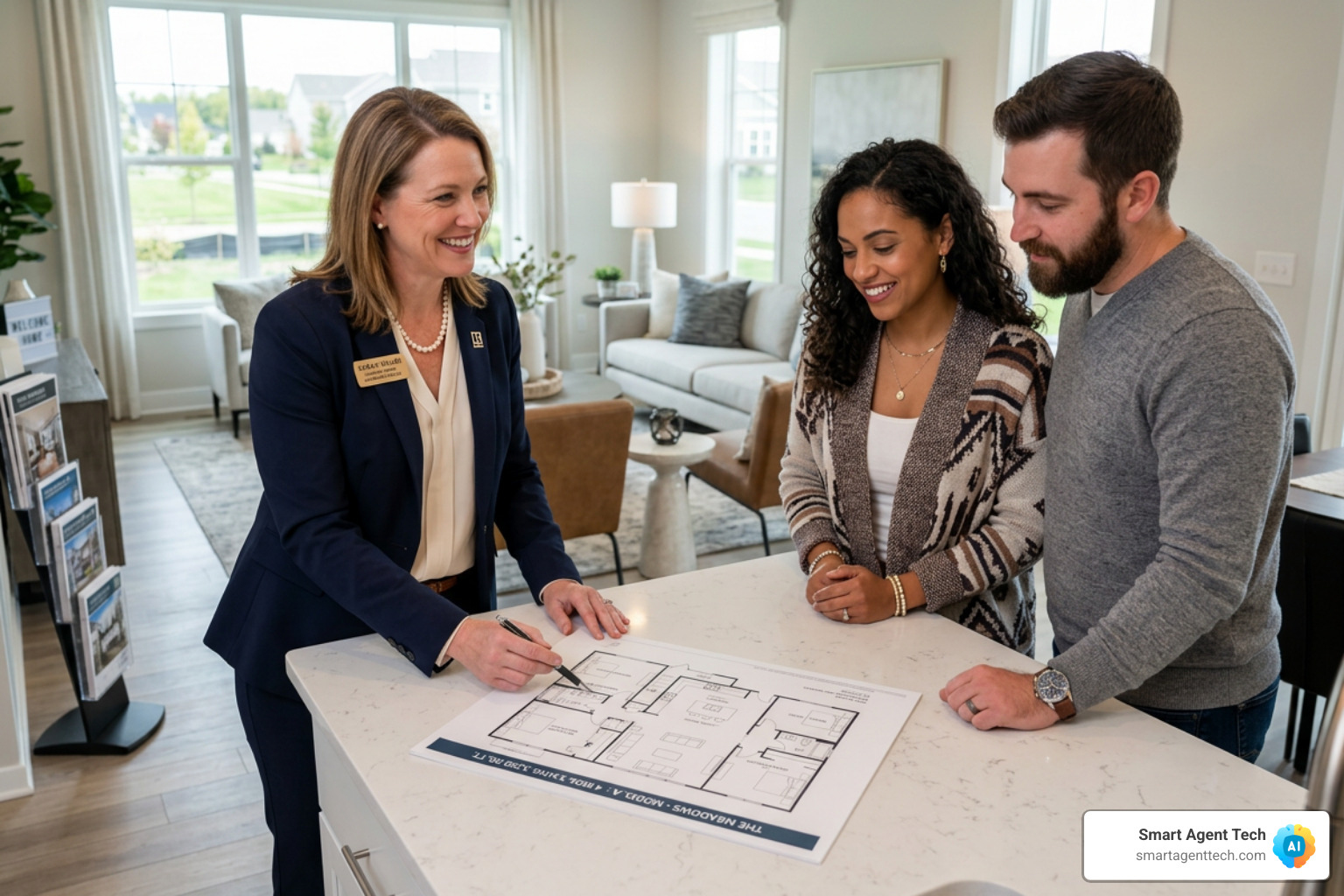 real estate agent presenting a floor plan to a buyer - builder exclusive agent access real estate agent presenting a floor plan to a buyer - builder exclusive agent access