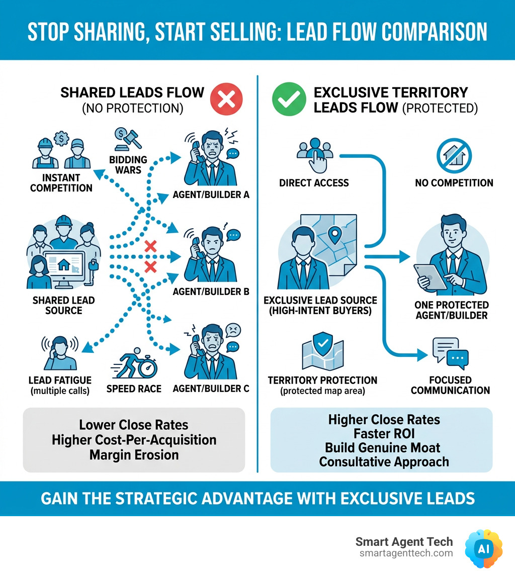 Shared leads vs exclusive territory builder leads flow comparison infographic - exclusive territory builder leads