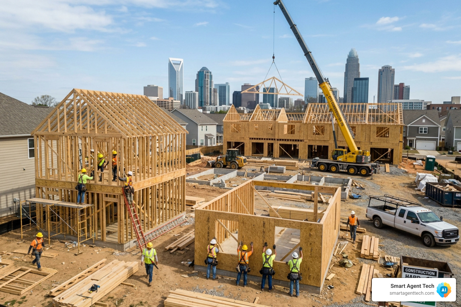 active construction in a major metro area showing new home skeletons - new homes being built