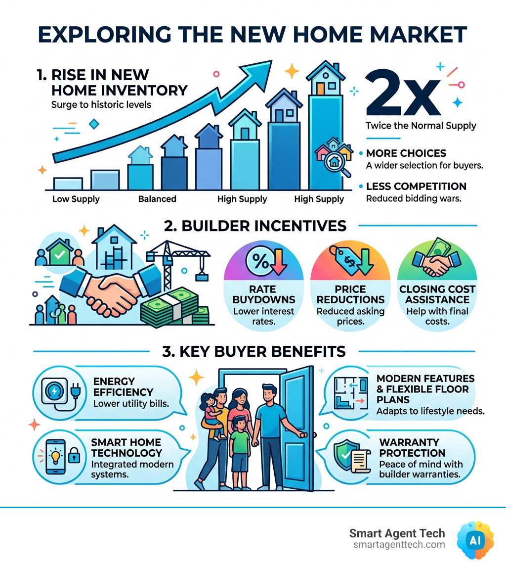 infographic showing rise in new home inventory, builder incentives, and key buyer benefits - new homes being built
