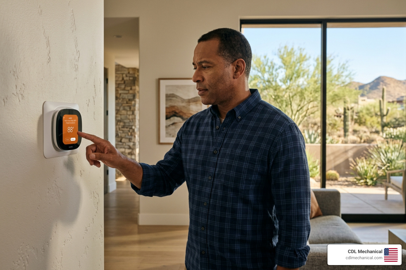 Homeowner checking a smart thermostat for AC issues in Glendale AZ - ac maintenance in glendale luke afb, az Homeowner checking a smart thermostat for AC issues in Glendale AZ - ac maintenance in glendale luke afb, az