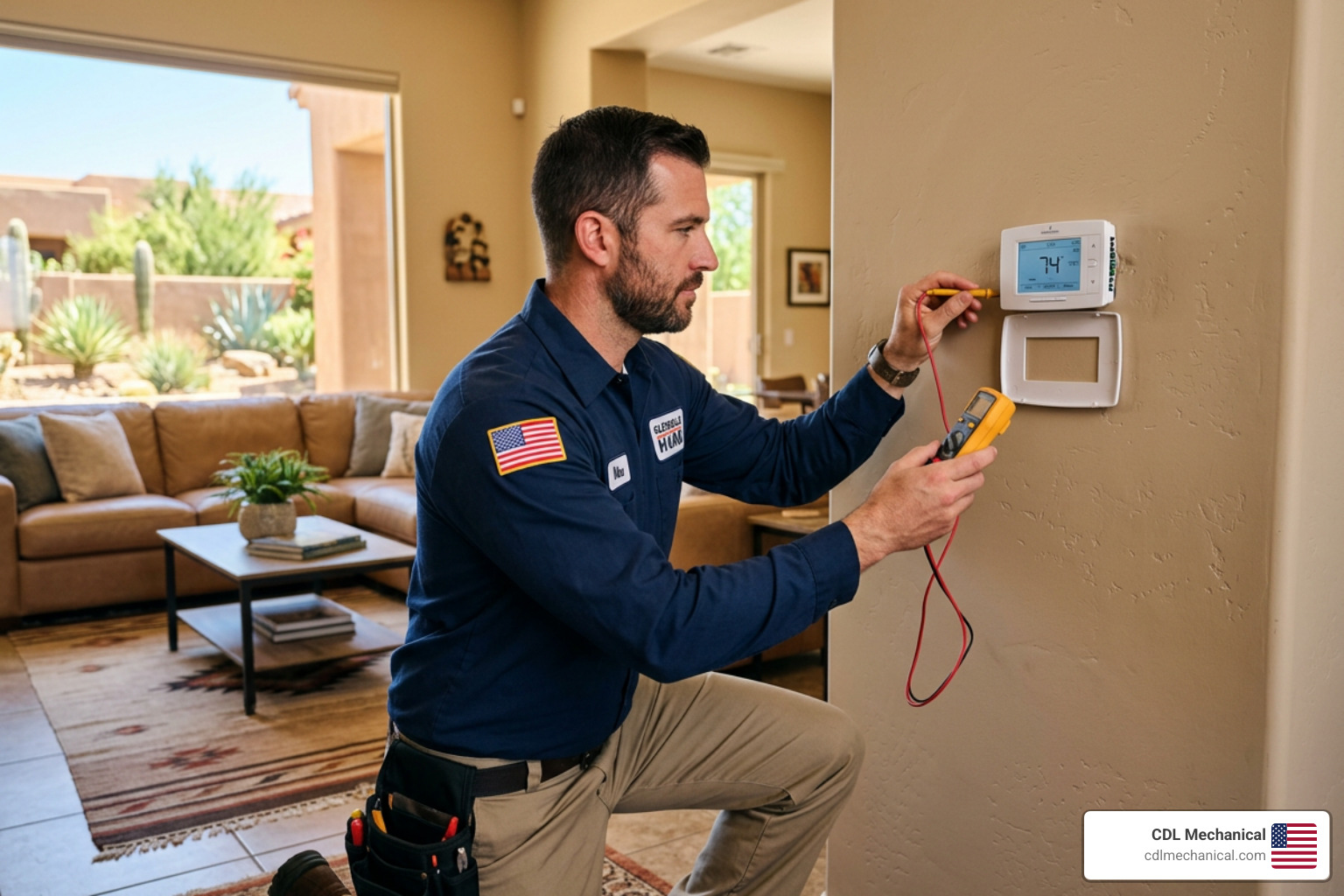technician inspecting a modern digital thermostat in a Glendale home - heat pump service experts in glendale luke afb, az technician inspecting a modern digital thermostat in a Glendale home - heat pump service experts in glendale luke afb, az