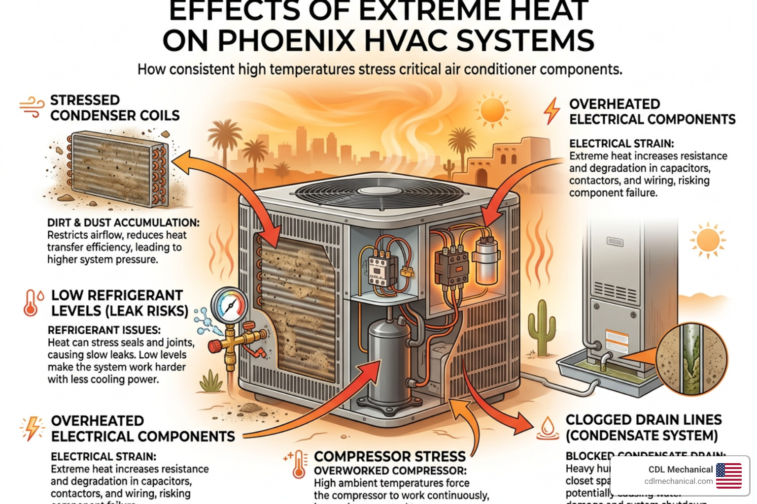 Infographic showing how extreme Phoenix heat impacts HVAC components including condenser coils, refrigerant, electrical Infographic showing how extreme Phoenix heat impacts HVAC components including condenser coils, refrigerant, electrical