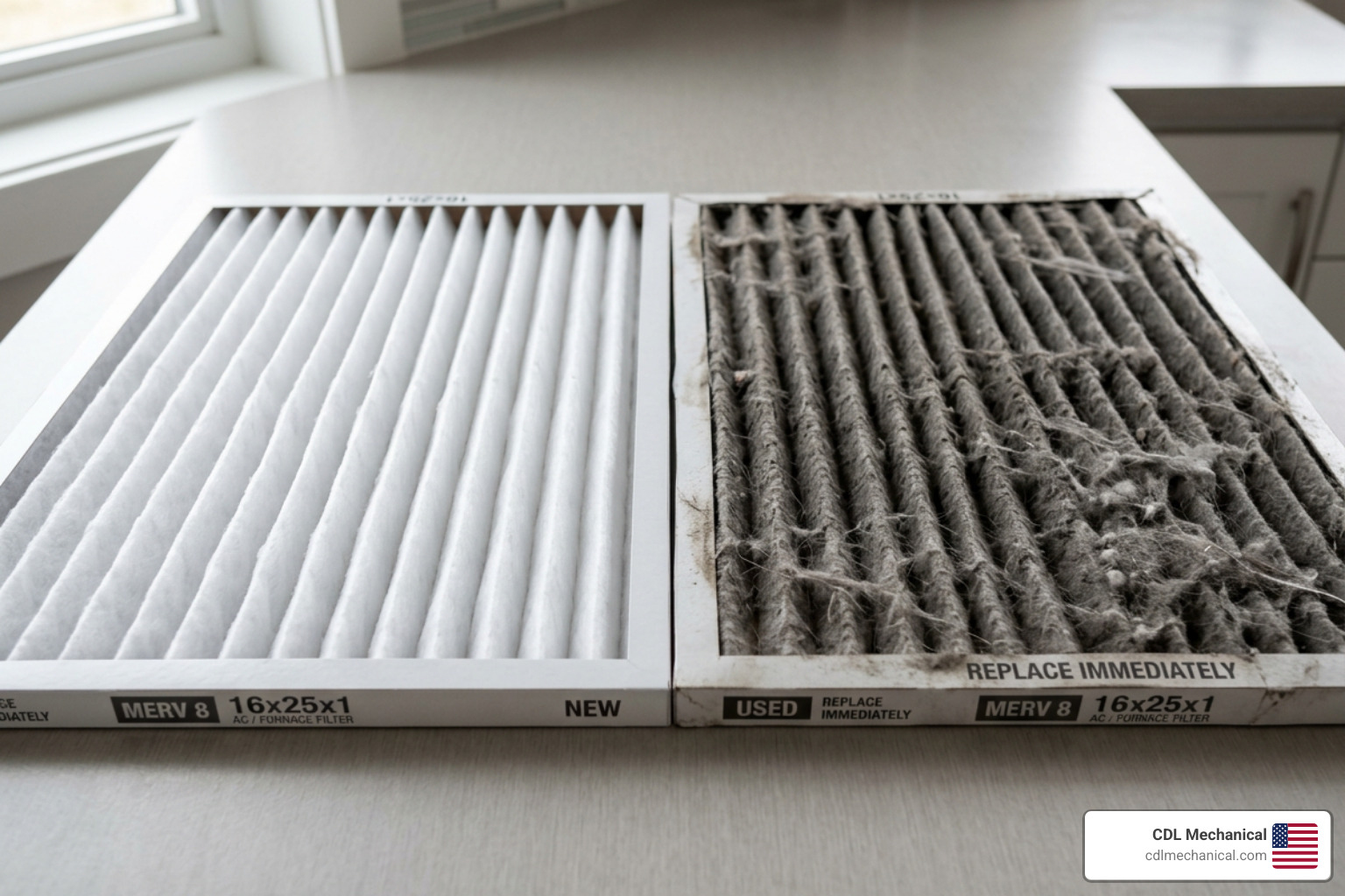 Side-by-side comparison of a clean white HVAC filter and a grey dust-clogged filter - heat pump service experts in glendale Side-by-side comparison of a clean white HVAC filter and a grey dust-clogged filter - heat pump service experts in glendale