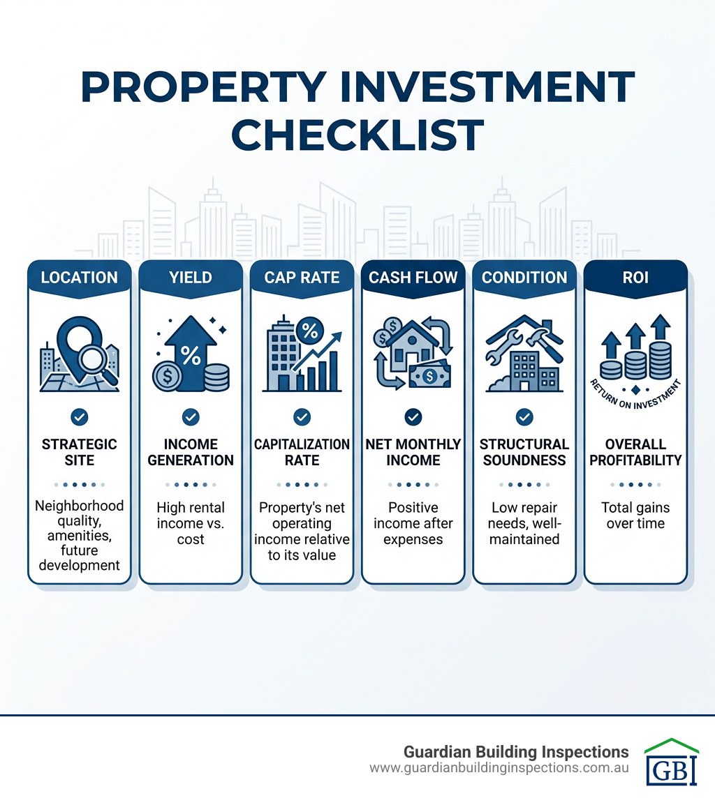 Property investment checklist infographic showing location, yield, cap rate, cash flow, condition, and ROI factors - what