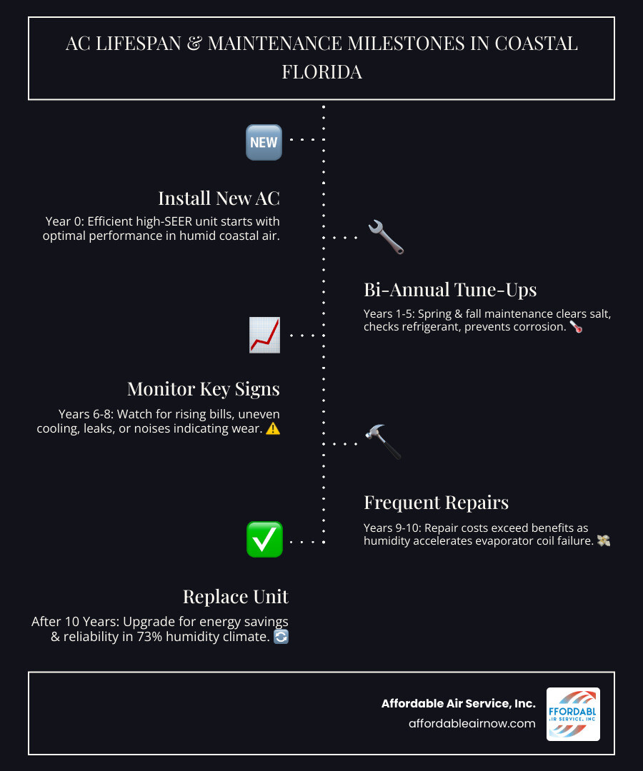 Infographic showing AC lifespan in coastal Florida climate, humidity levels, and key maintenance milestones - ac replacement Infographic showing AC lifespan in coastal Florida climate, humidity levels, and key maintenance milestones - ac replacement