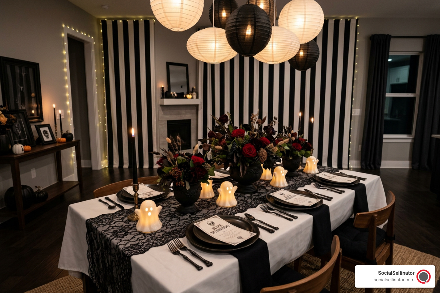 Eerie elegance themed decor for a Black Wednesday party with black and white stripes and dark florals - black wednesday party