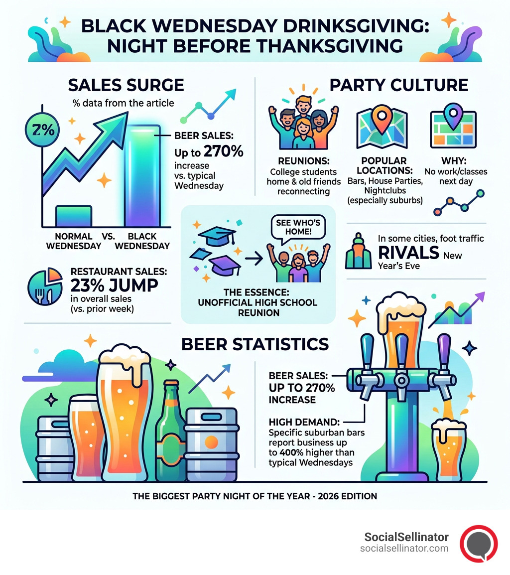 Infographic showing Black Wednesday Drinksgiving sales surge beer statistics and party culture overview - black wednesday