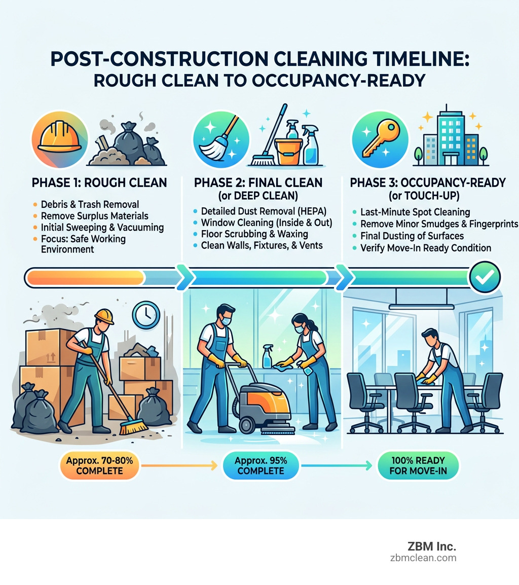 Post-construction cleaning timeline from rough clean to final clean to occupancy-ready - commercial construction cleaning