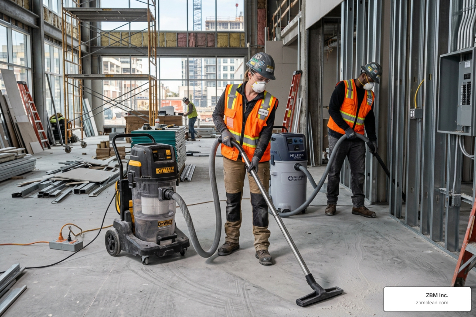 Professional cleaners removing construction dust using industrial vacuums - commercial construction cleaning company