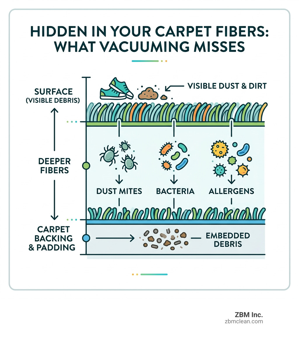 Infographic showing hidden carpet contaminants including dust mites, bacteria, allergens, and debris layers - deep clean