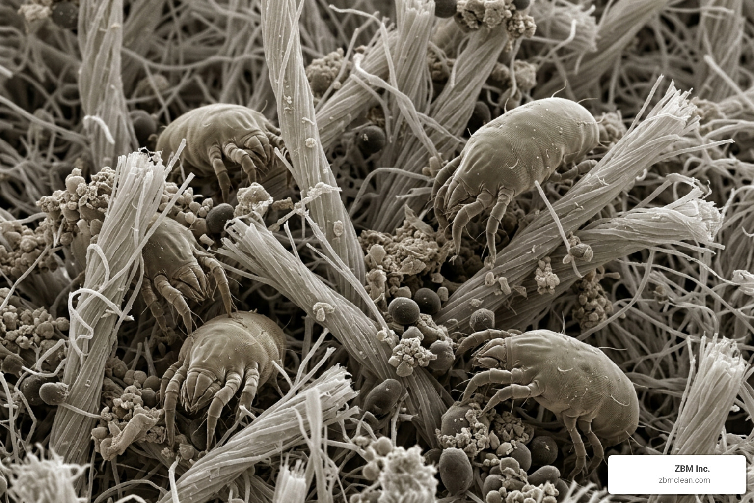 Microscopic view of dust mites and allergens trapped deep within carpet fibers - deep clean carpet at home
