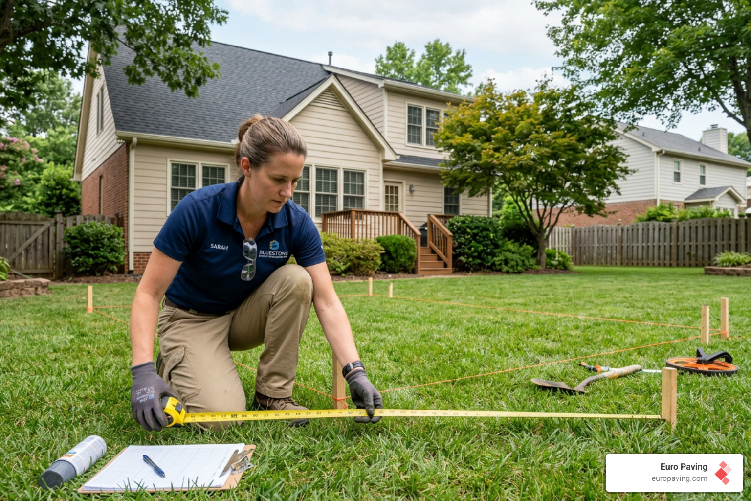 technician measuring a backyard for a patio project - paver calculator square feet