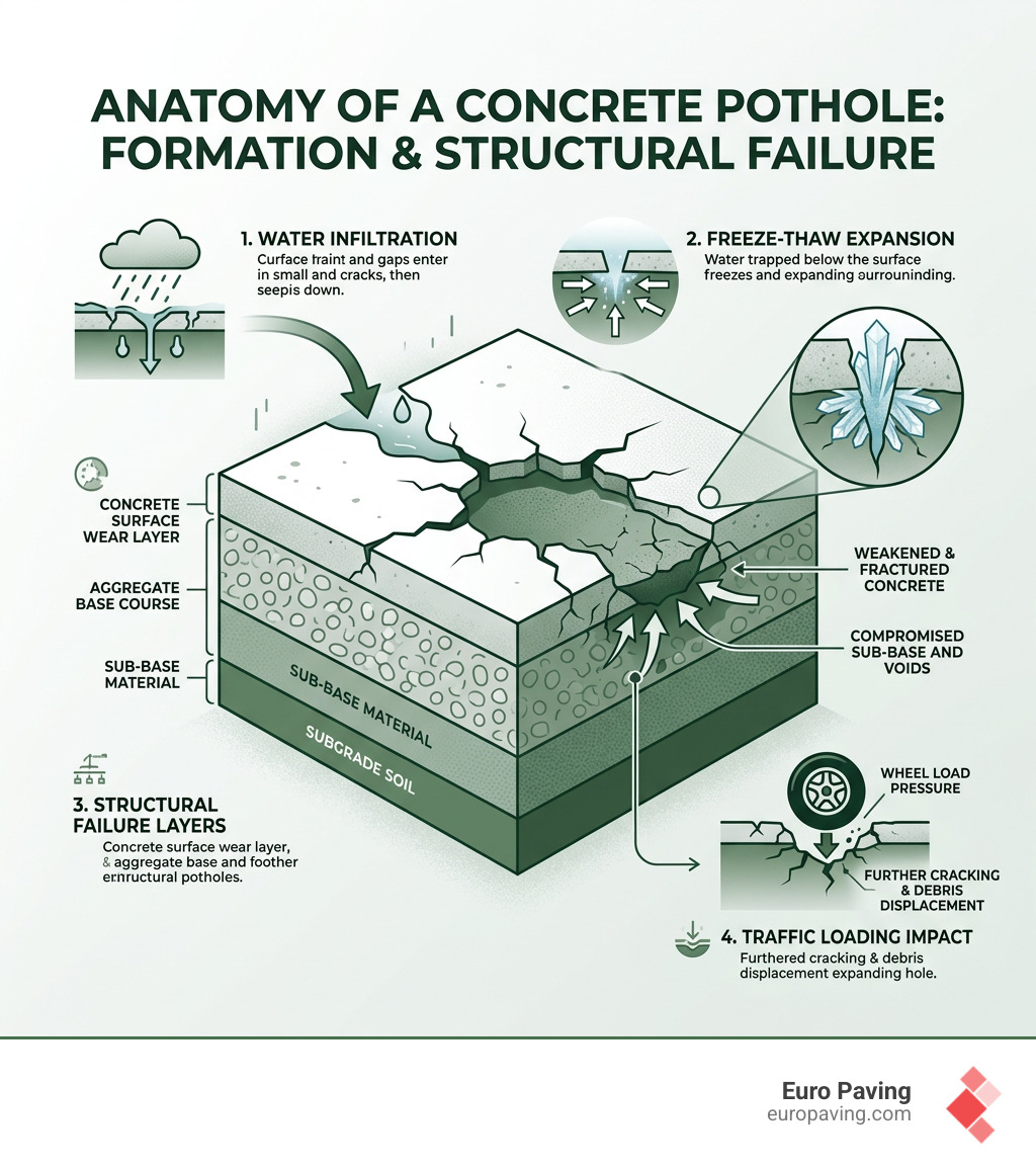 Anatomy of a concrete pothole showing water infiltration, freeze-thaw expansion, and structural failure layers - repairing