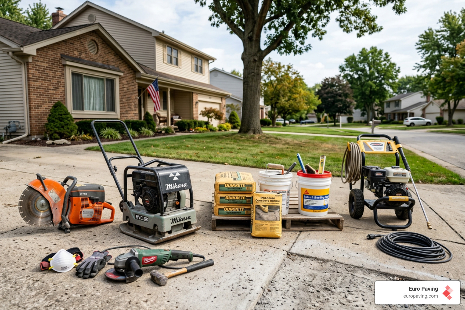 professional masonry tools and high-quality concrete repair materials - repairing concrete driveway potholes