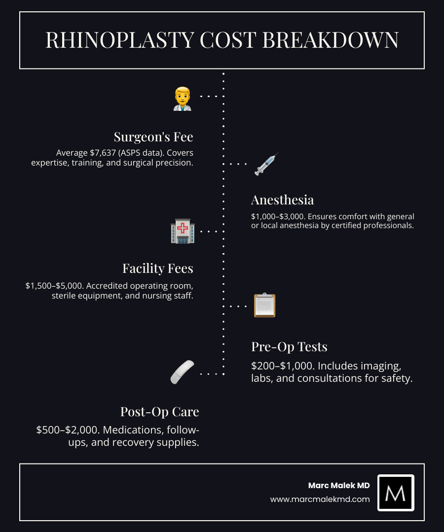 Rhinoplasty cost breakdown infographic showing surgeon fee, anesthesia, facility, and post-op costs - how much is a nose job Rhinoplasty cost breakdown infographic showing surgeon fee, anesthesia, facility, and post-op costs - how much is a nose job