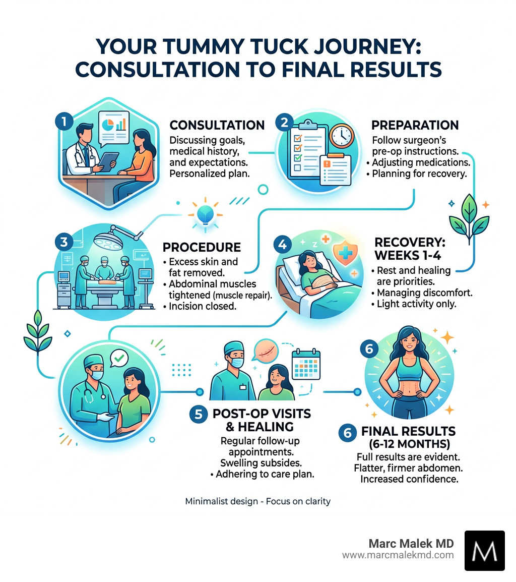 Tummy tuck journey infographic from consultation to final results - abdominoplasty before after infographic Tummy tuck journey infographic from consultation to final results - abdominoplasty before after infographic