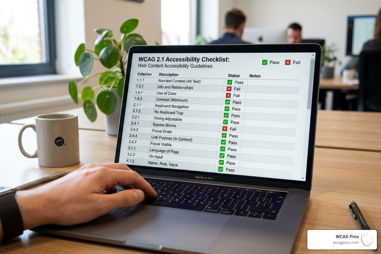 A detailed WCAG checklist showing various success criteria and pass-fail status for a website - website wcag expert audit A detailed WCAG checklist showing various success criteria and pass-fail status for a website - website wcag expert audit
