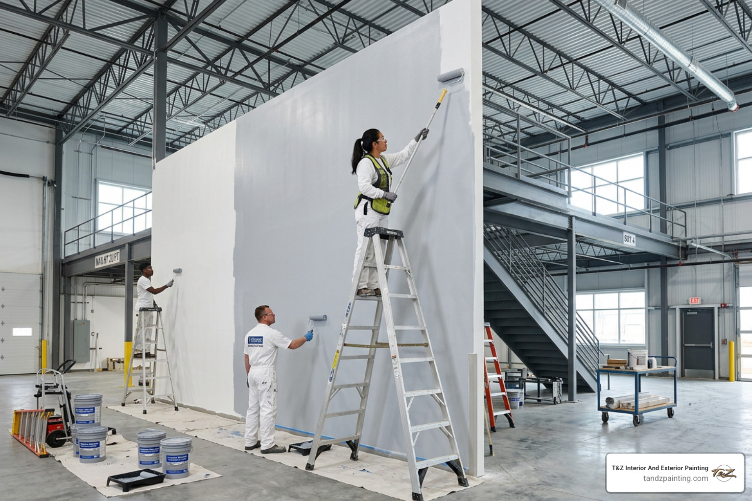 Professional painters working in a large facility - Commercial interior painting