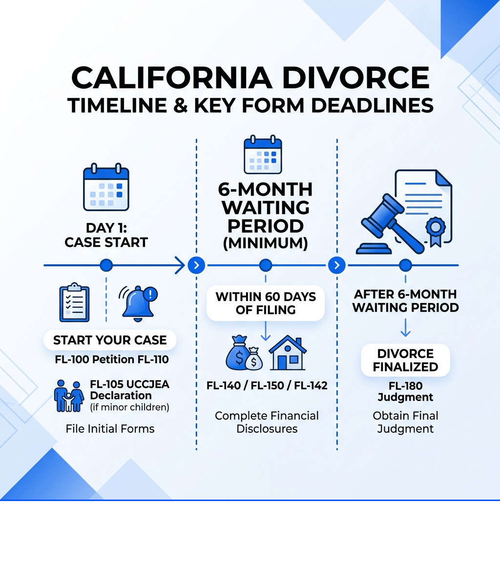 California divorce timeline infographic showing 6-month waiting period and key form deadlines - California Divorce Forms