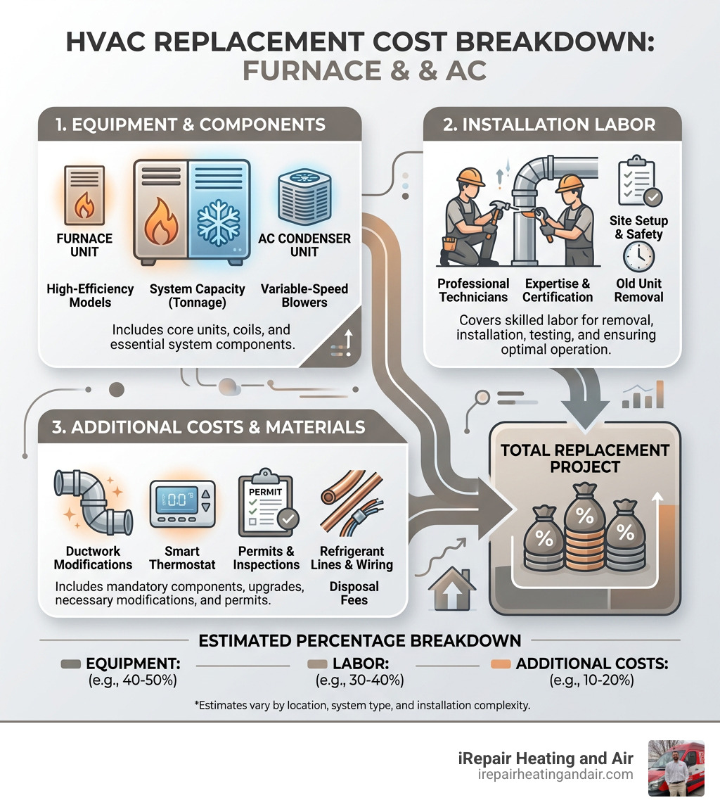 Average cost breakdown of furnace and AC components including equipment, labor, and additional costs - air conditioning and