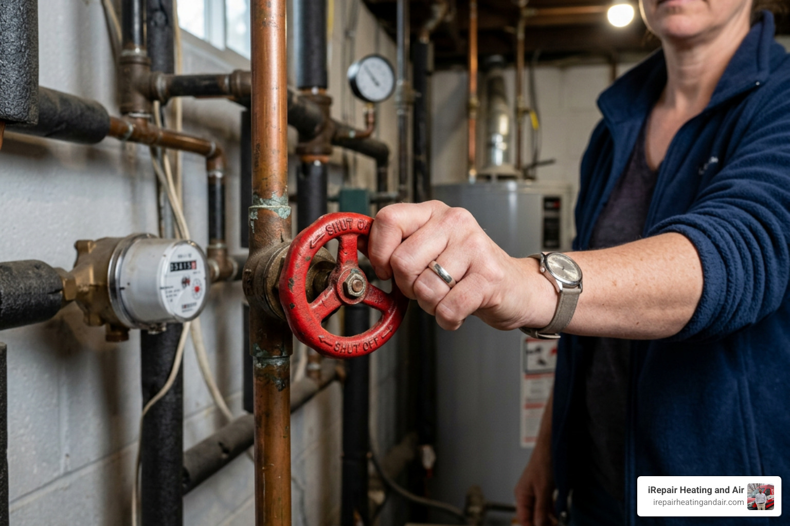 homeowner turning off a main water shut-off valve - 24 hour plumbing services salt lake city