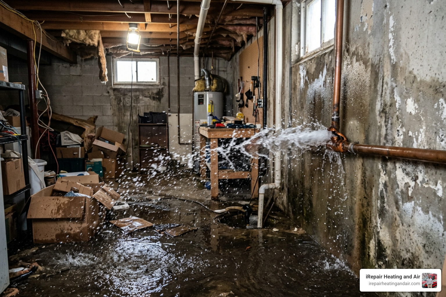 a burst copper pipe spraying water in a basement - 24 hour plumbing services salt lake city