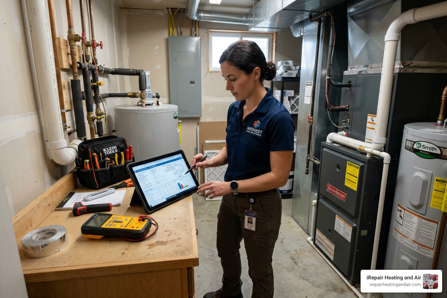 HVAC technician performing a load calculation on a digital tablet in a residential utility room - air conditioning and