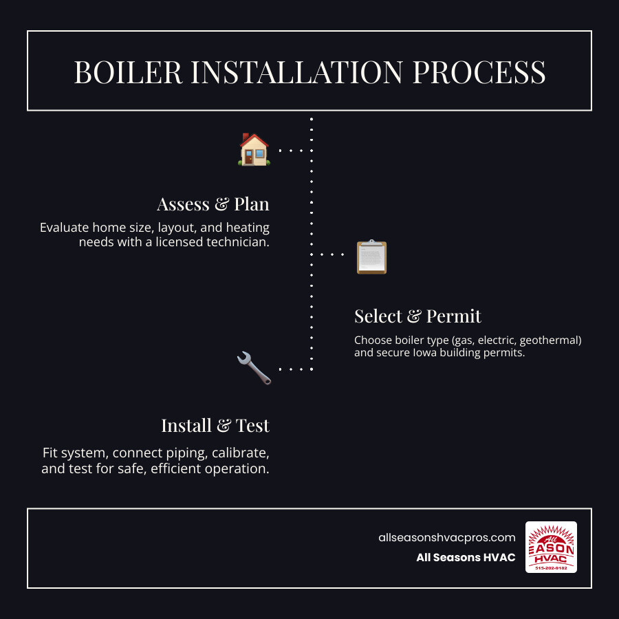 Infographic showing 5 steps of a residential boiler installation process with icons for each stage - boiler installation in Infographic showing 5 steps of a residential boiler installation process with icons for each stage - boiler installation in