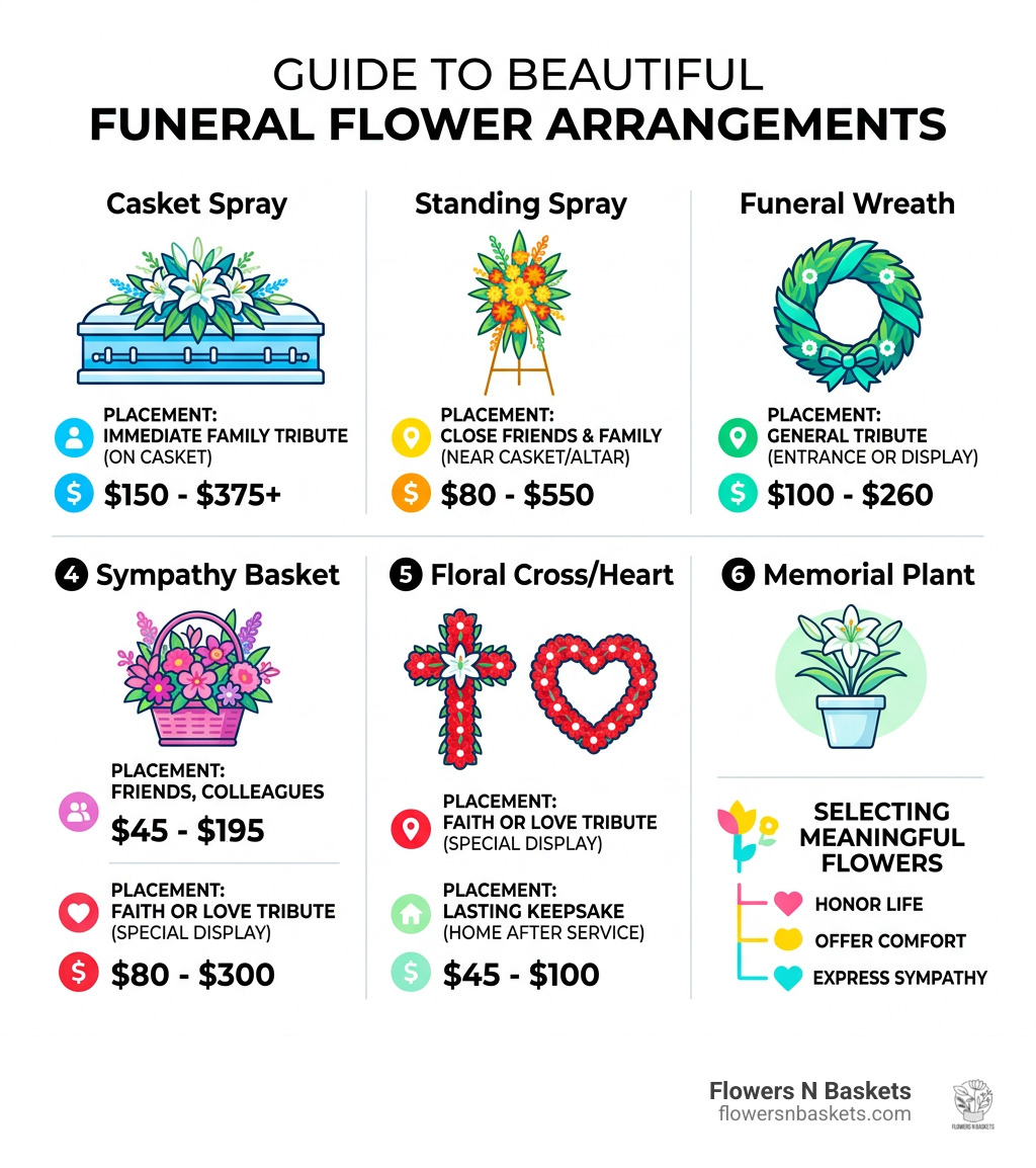 Infographic showing funeral flower arrangement types, placement locations, and price ranges - beautiful funeral flower