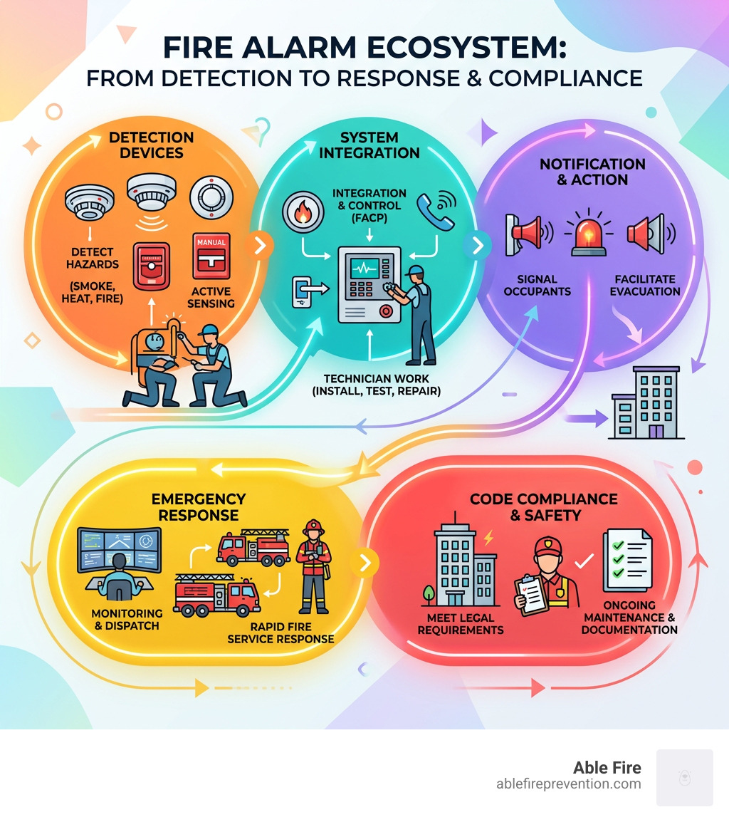 Fire alarm ecosystem infographic from detection devices to emergency response and code compliance - Fire alarm technicians Fire alarm ecosystem infographic from detection devices to emergency response and code compliance - Fire alarm technicians