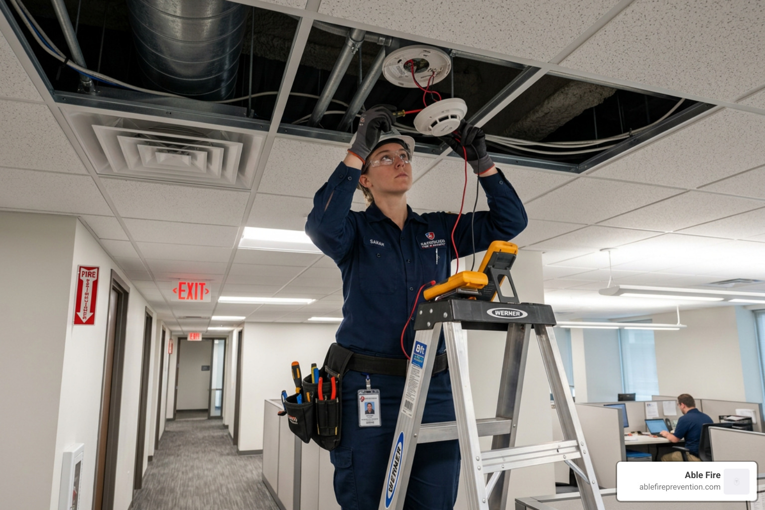 technician inspecting smoke detector wiring in a ceiling - Fire alarm technicians technician inspecting smoke detector wiring in a ceiling - Fire alarm technicians