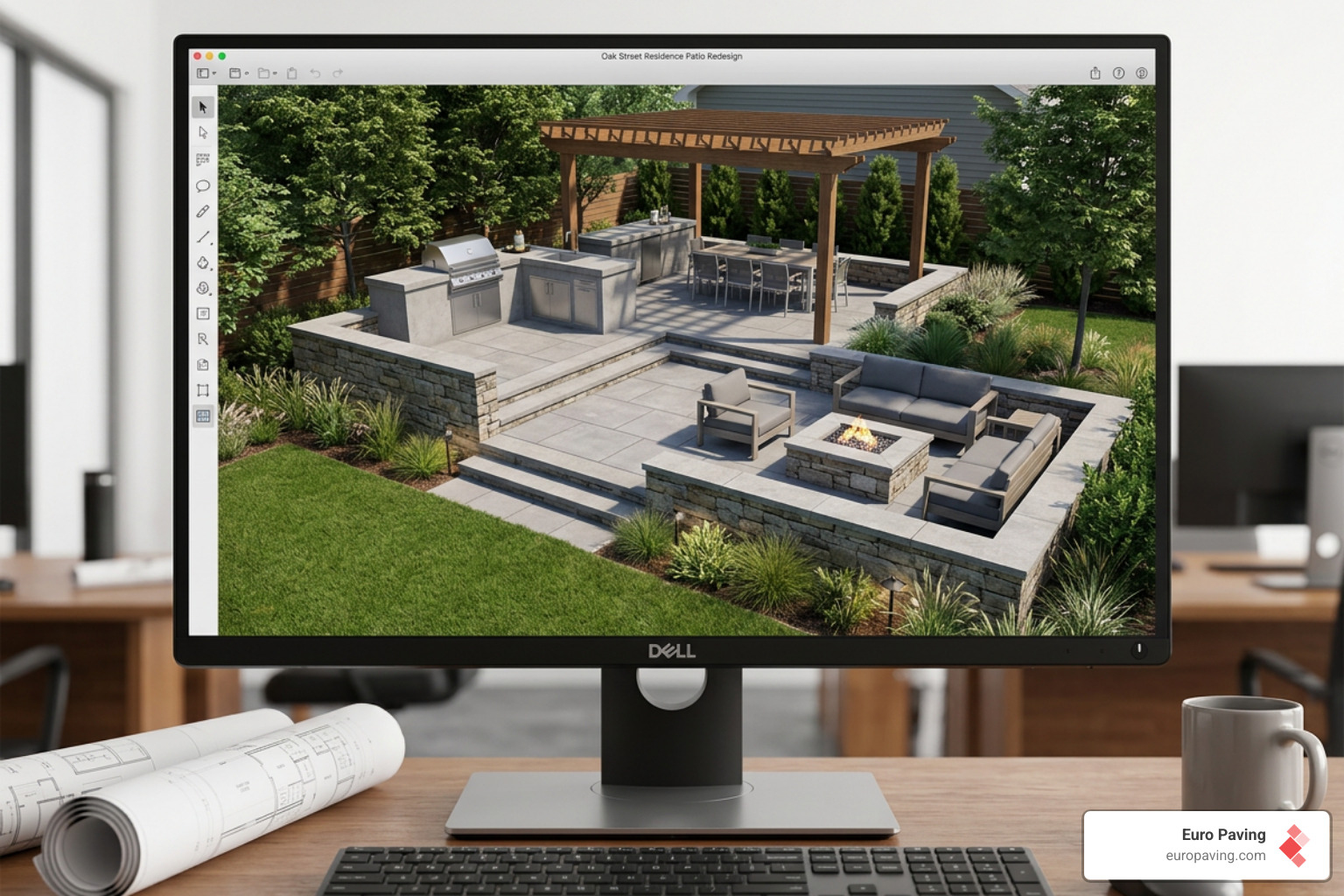 A 3D design rendering of a multi-level patio with a built-in grill and fire pit area - custom patio contractors