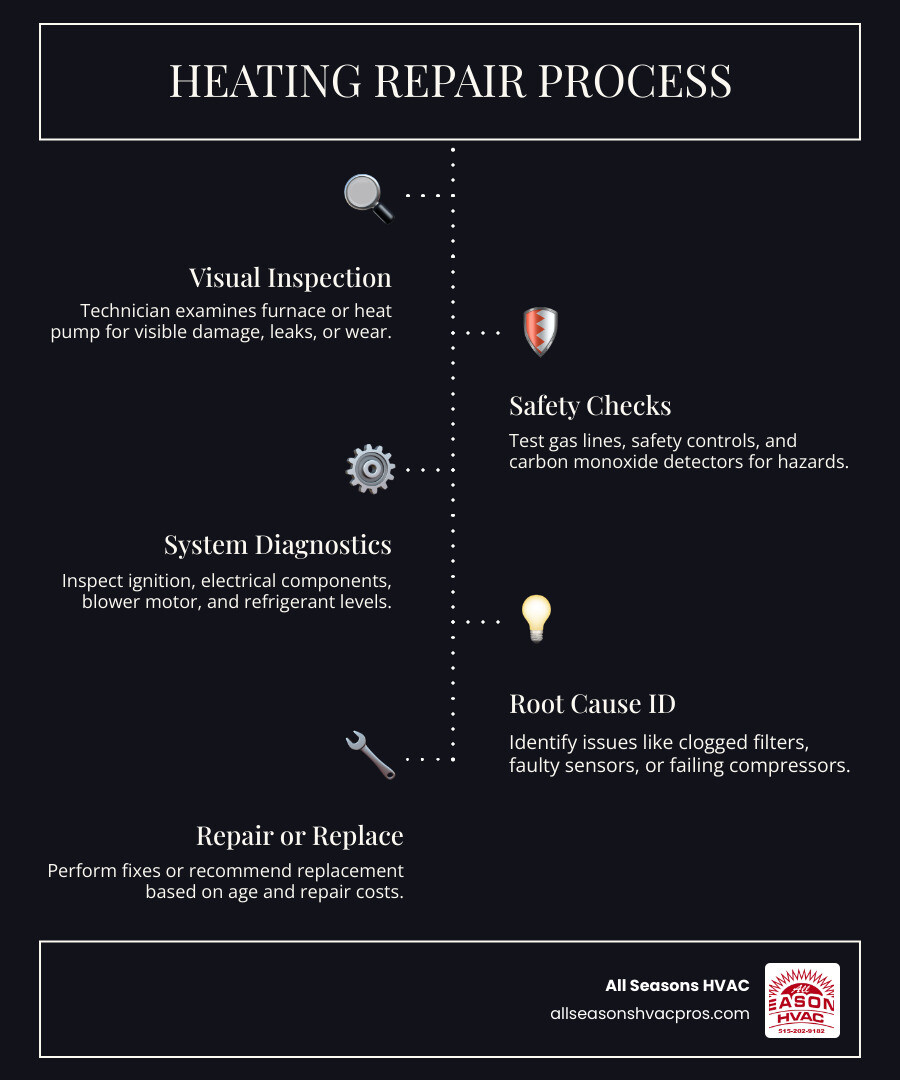 Infographic showing the professional heating repair process steps from diagnosis to safety checks to repair or replacement Infographic showing the professional heating repair process steps from diagnosis to safety checks to repair or replacement