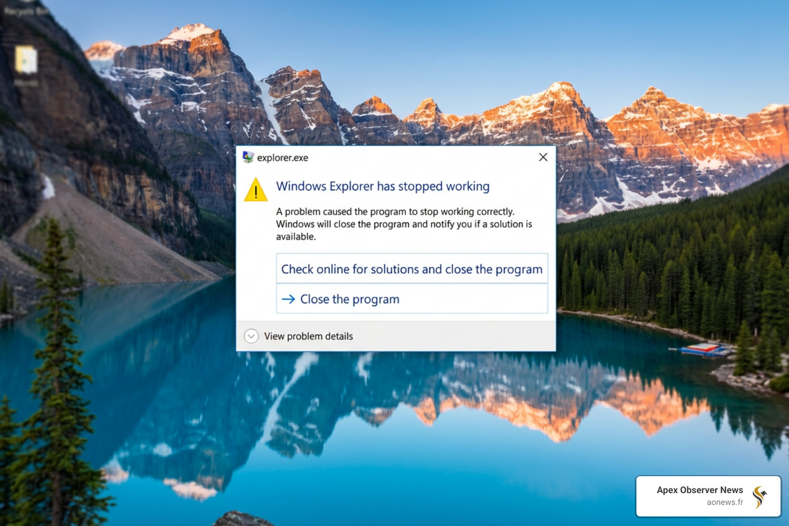 Windows Error Reporting dialog showing explorer.exe has stopped working - file explorer crashing