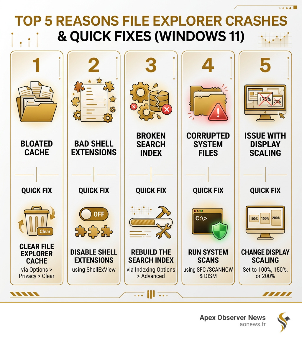 Top 5 reasons File Explorer crashes and quick fixes for each on Windows 11 - file explorer crashing infographic 