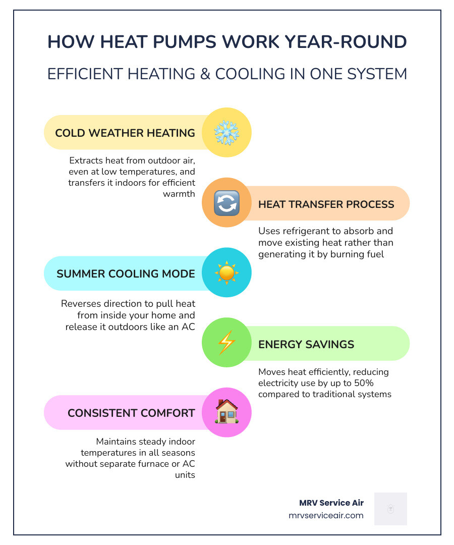 Infographic showing how heat pumps provide both heating and cooling for Richgrove CA homes year-round - heat pump services Infographic showing how heat pumps provide both heating and cooling for Richgrove CA homes year-round - heat pump services