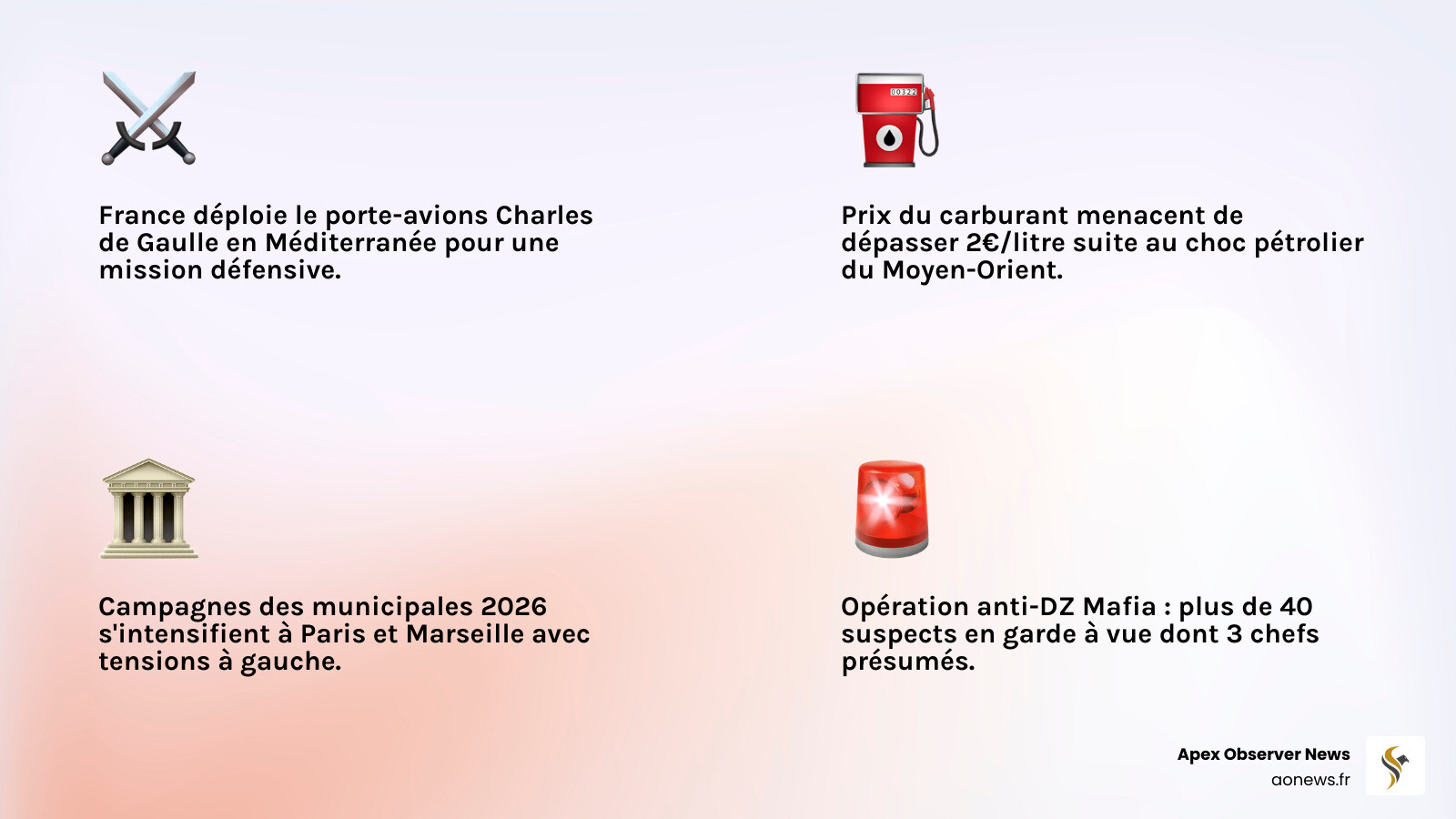 Top 5 des actualités du jour en France : conflit Iran, pétrole, municipales 2026, anti-mafia, sport - actualités ce jour en